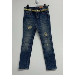 Old Navy Girls Skinny Blue Jeans Size 14 Belt Distressed Embroidered Adjustable